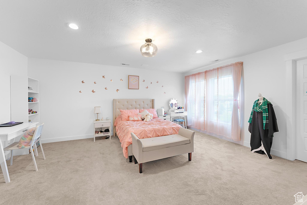Bedroom featuring light colored carpet, recessed lighting, baseboards, and a textured ceiling