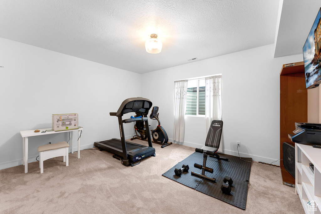 Workout area featuring carpet flooring, baseboards, and a textured ceiling