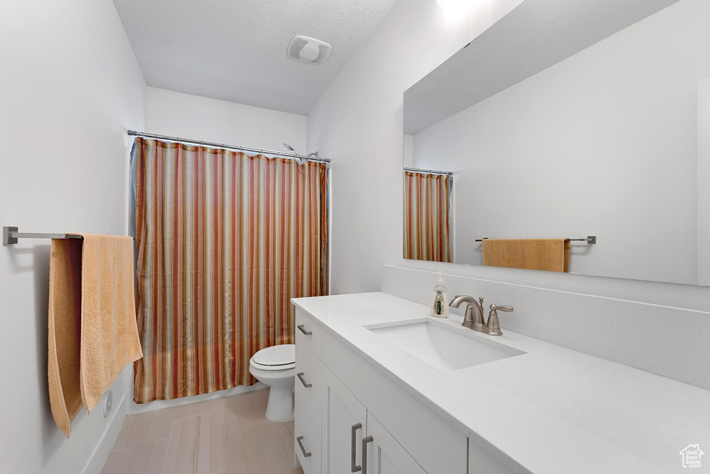 Full bathroom with toilet, vanity, and a shower with curtain