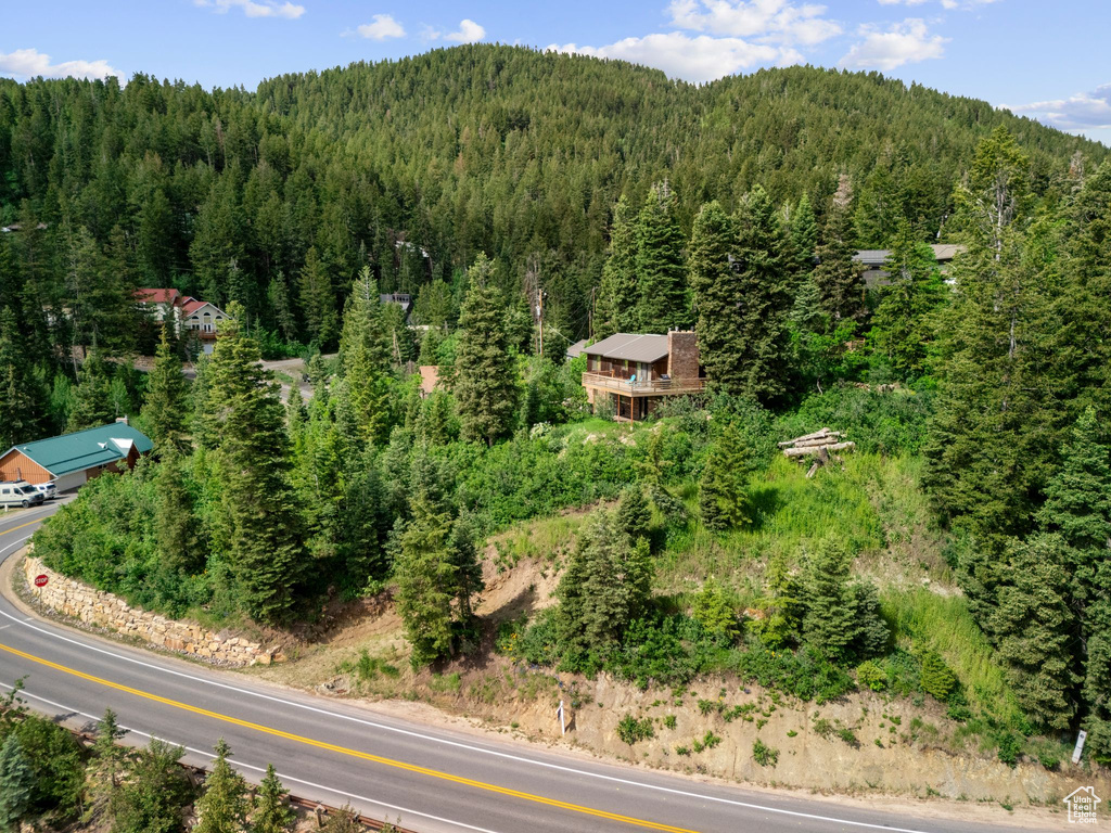 View of mountain backdrop featuring a heavily wooded area
