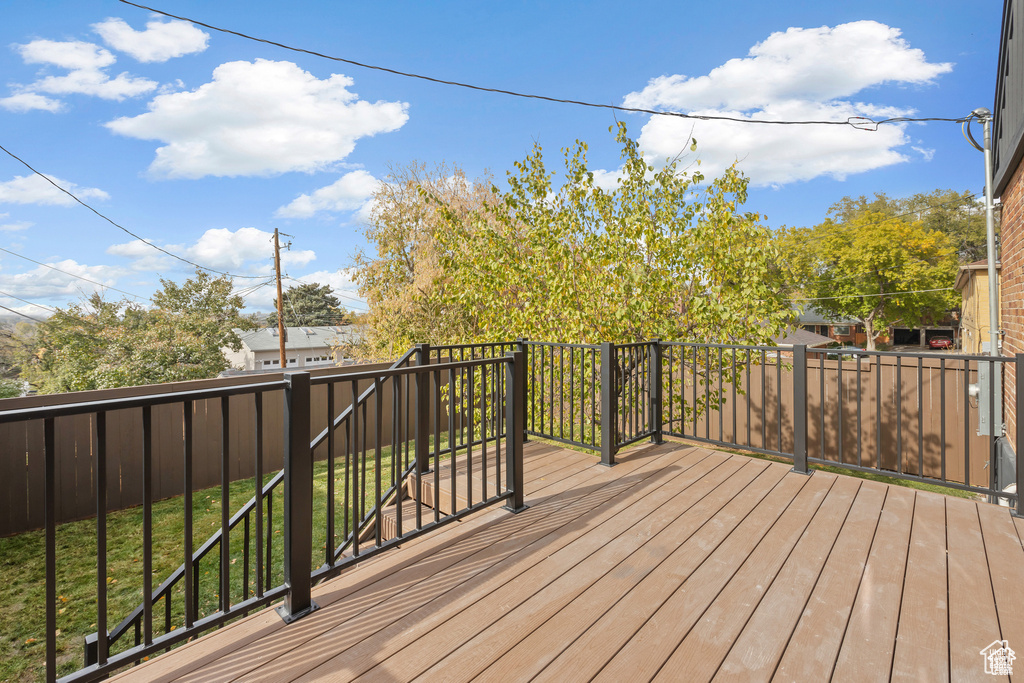 Wooden deck featuring a fenced backyard