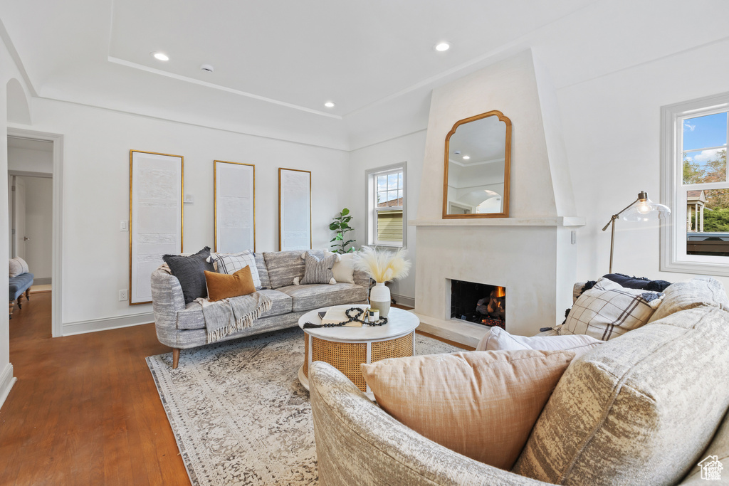 Living area featuring dark wood finished floors, a high end fireplace, recessed lighting, and baseboards