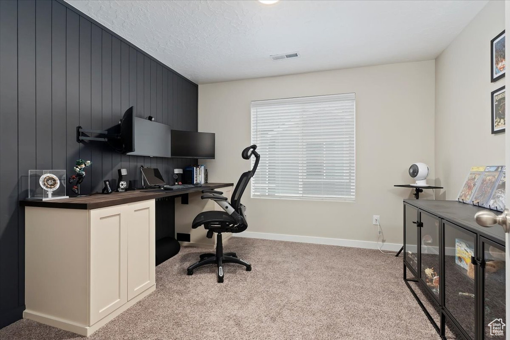 Office with light carpet and baseboards
