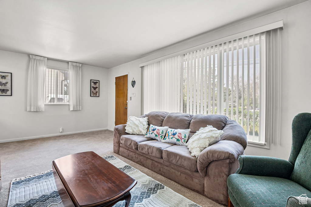 Carpeted living area with baseboards