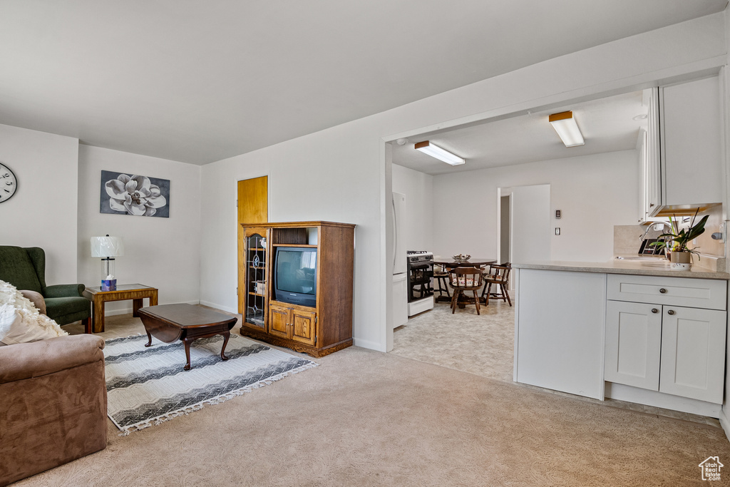 Living room featuring light carpet