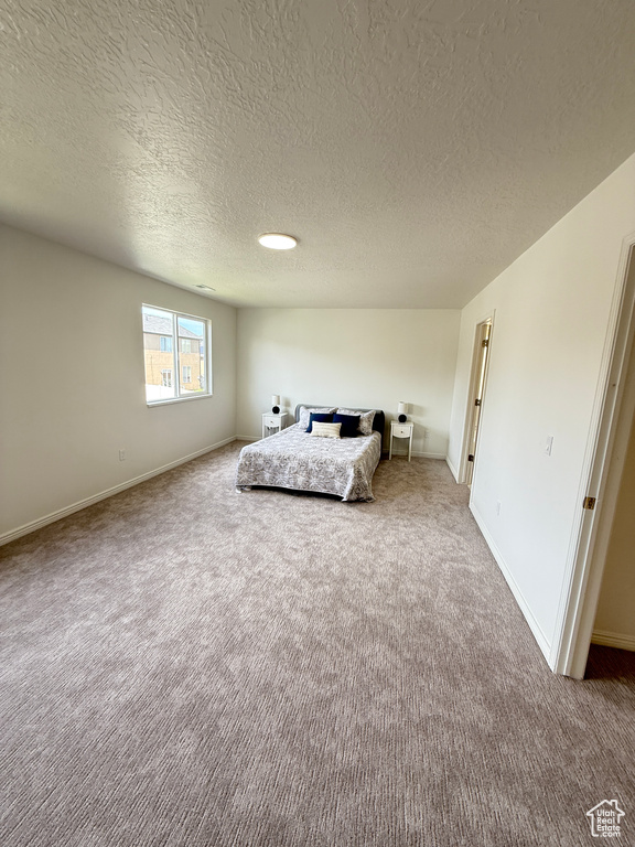 Bedroom with carpet floors, a textured ceiling, and baseboards