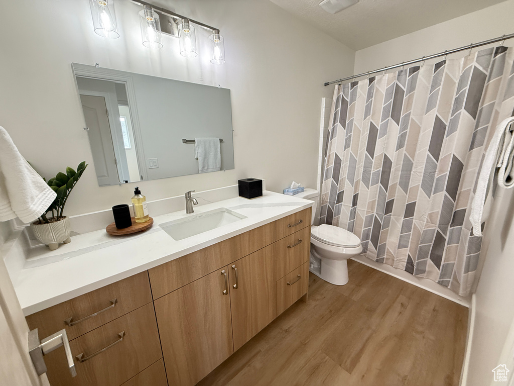 Full bath featuring wood finished floors, toilet, vanity, and a shower with curtain