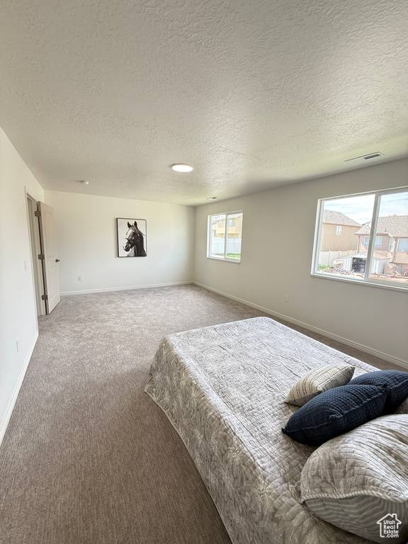 Bedroom with a textured ceiling, carpet floors, and baseboards