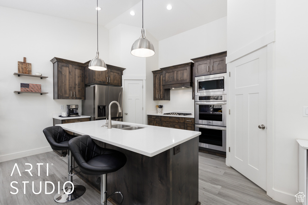 Kitchen with a sink, stainless steel appliances, light wood finished floors, dark brown cabinets, and light countertops