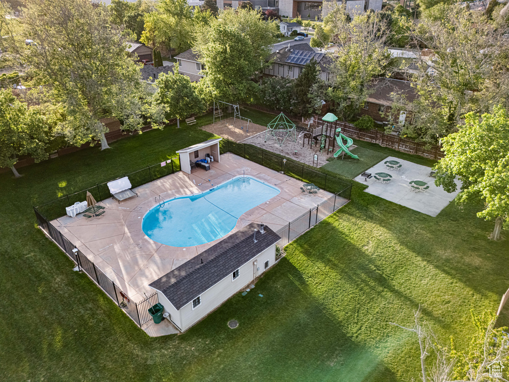 Aerial view of a pool