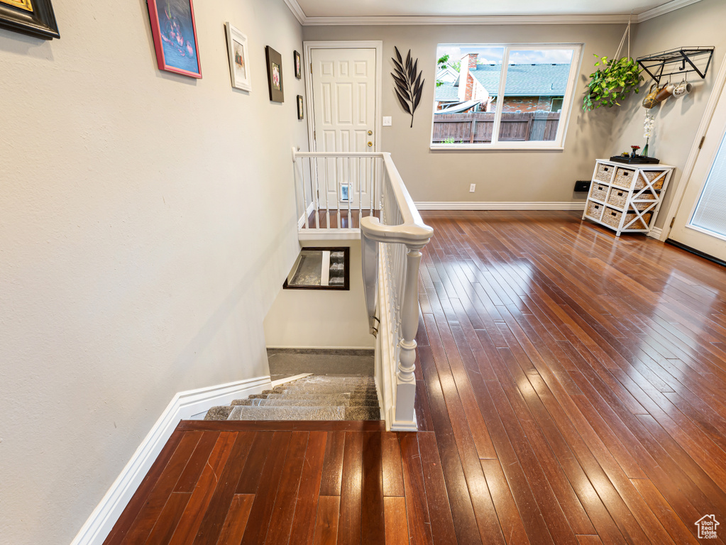 Hall featuring hardwood / wood-style floors, ornamental molding, baseboards, and stairs