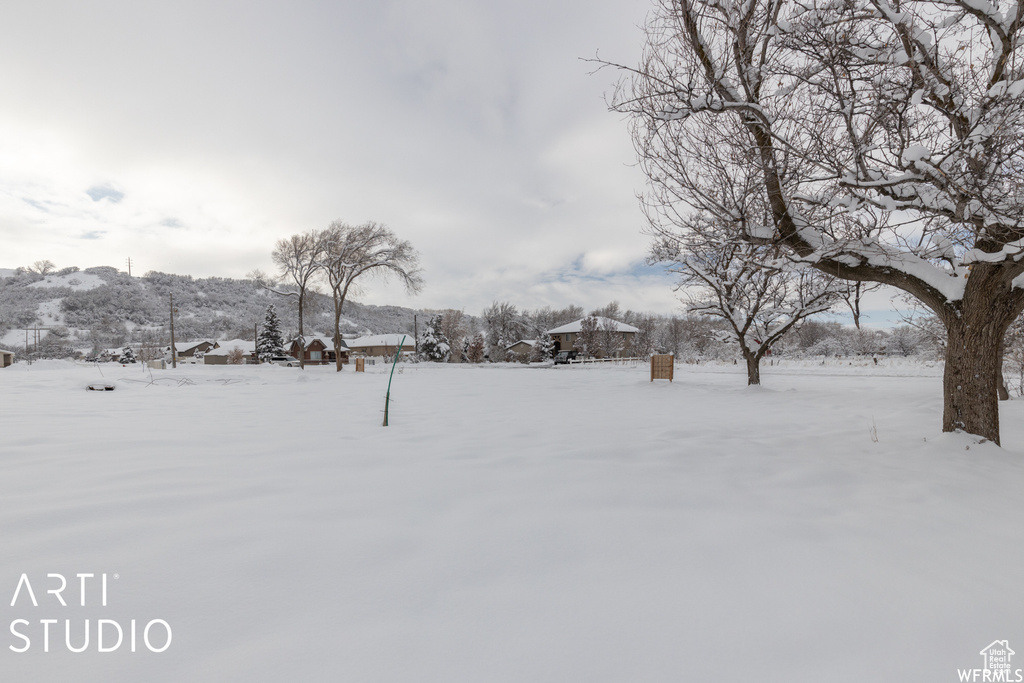 Yard covered in snow featuring a mountain view