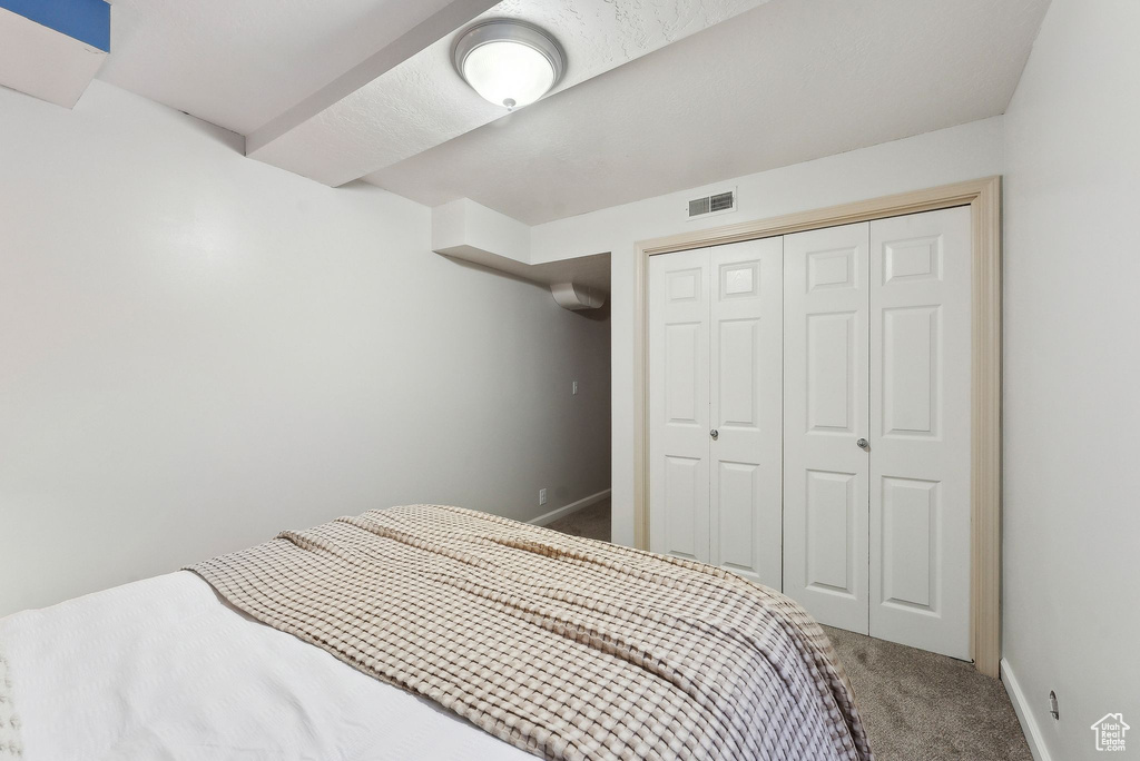 Carpeted bedroom with a closet and baseboards