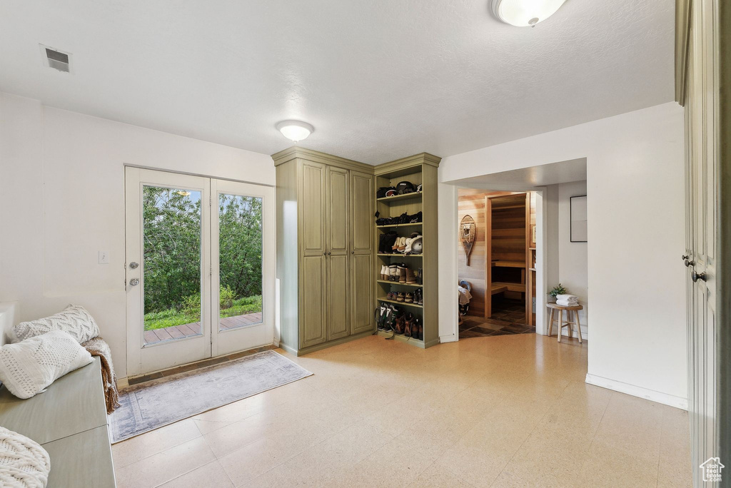 Living room with light flooring