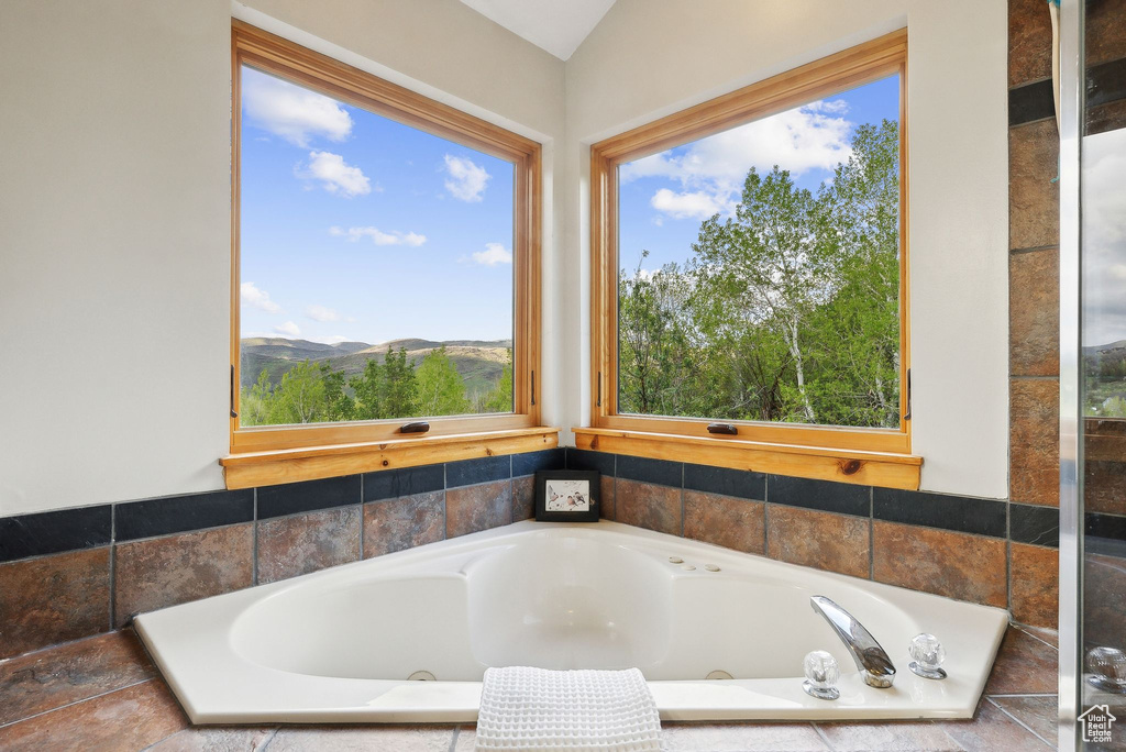 Full bathroom with healthy amount of natural light and a whirlpool tub