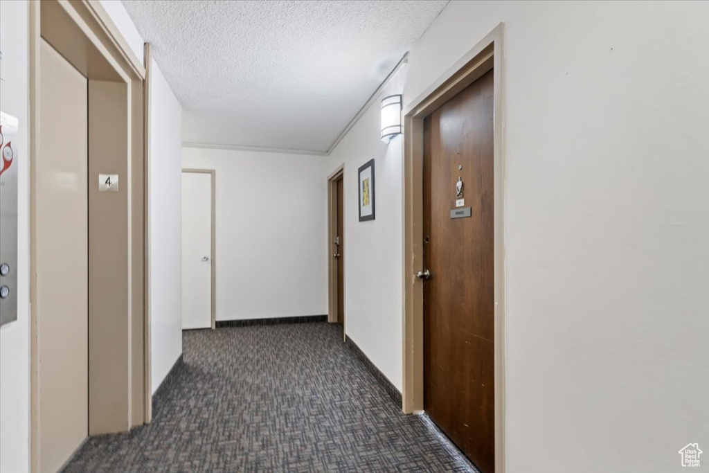 Hall featuring dark colored carpet, a textured ceiling, and baseboards