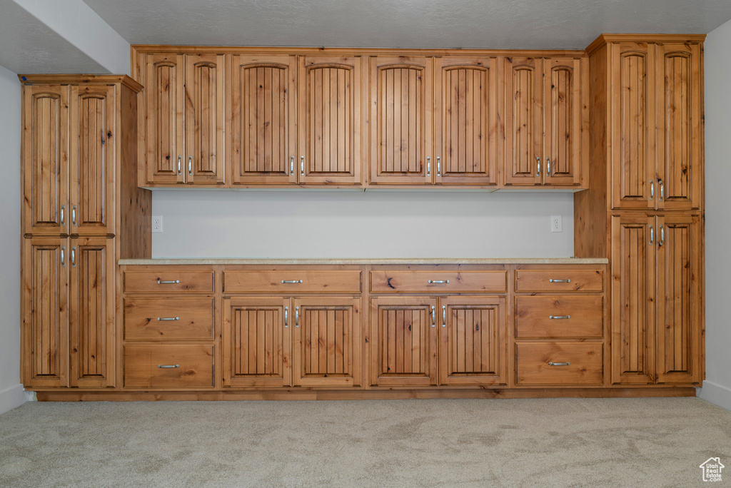 Kitchen with light colored carpet, light countertops, and brown cabinetry