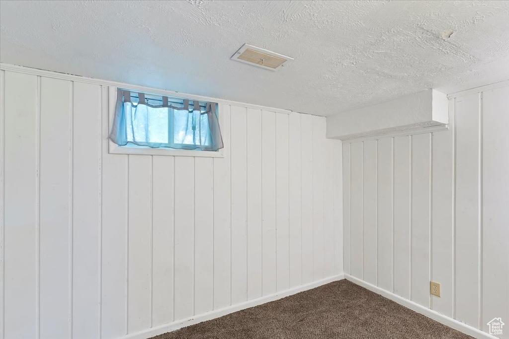 Basement with a textured ceiling and dark colored carpet