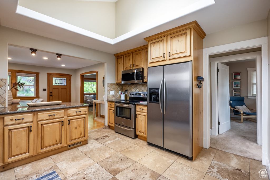 Kitchen featuring stainless steel appliances, tasteful backsplash, healthy amount of natural light, dark stone countertops, and recessed lighting