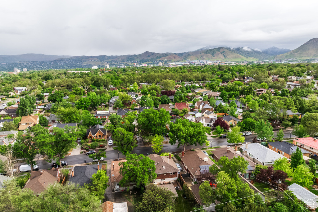 Aerial perspective of suburban area featuring mountains