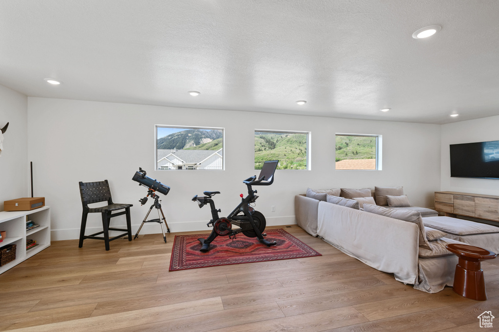 Exercise area with light wood finished floors and recessed lighting
