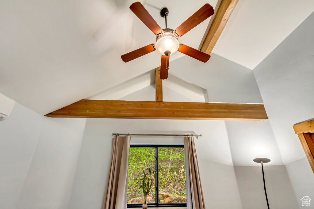 Detailed view of beam ceiling and ceiling fan