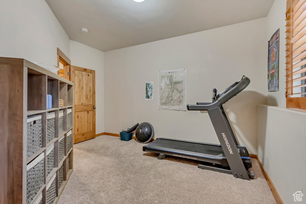 Exercise area featuring light carpet and baseboards