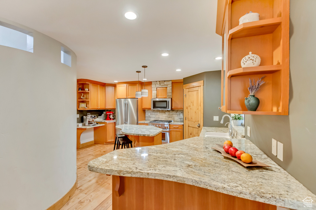 Kitchen featuring open shelves, stainless steel appliances, a sink, light wood finished floors, and decorative backsplash