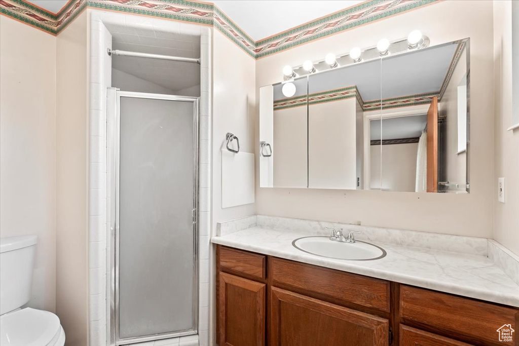 Bathroom with toilet, a shower stall, and vanity
