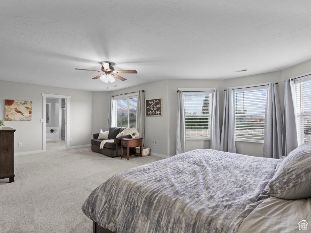 Carpeted bedroom with baseboards, multiple windows, and ceiling fan