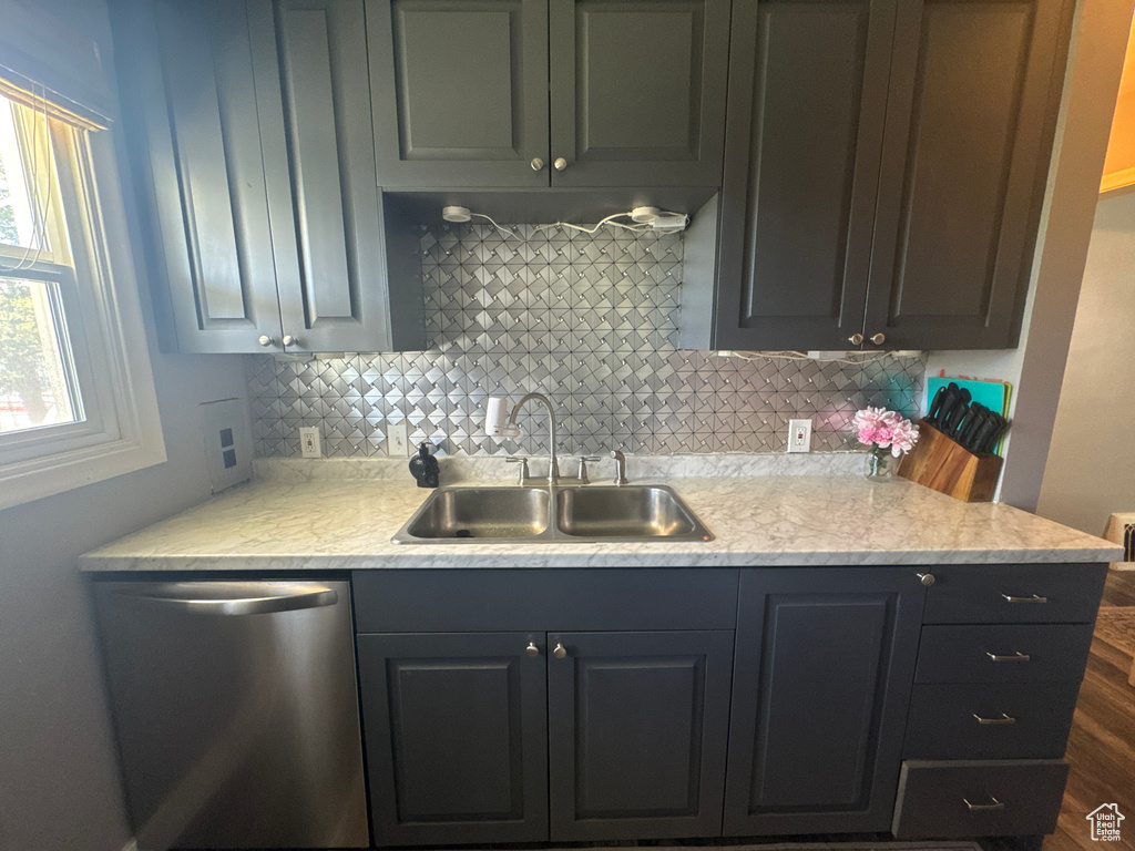Kitchen featuring stainless steel dishwasher, a sink, light countertops, and decorative backsplash