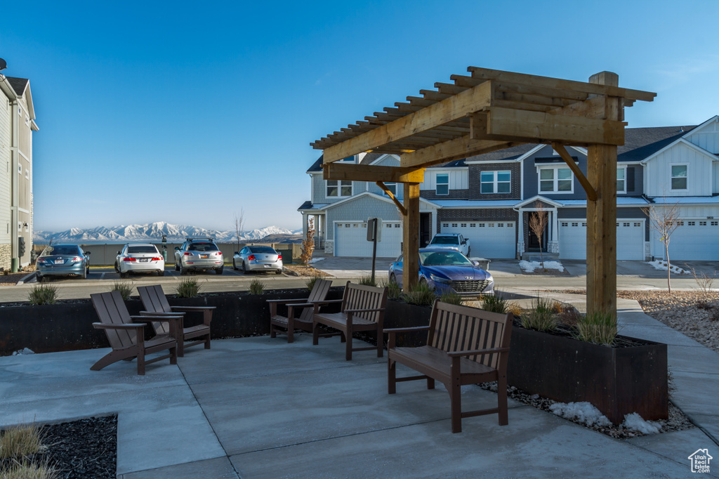 View of patio / terrace with a mountain view