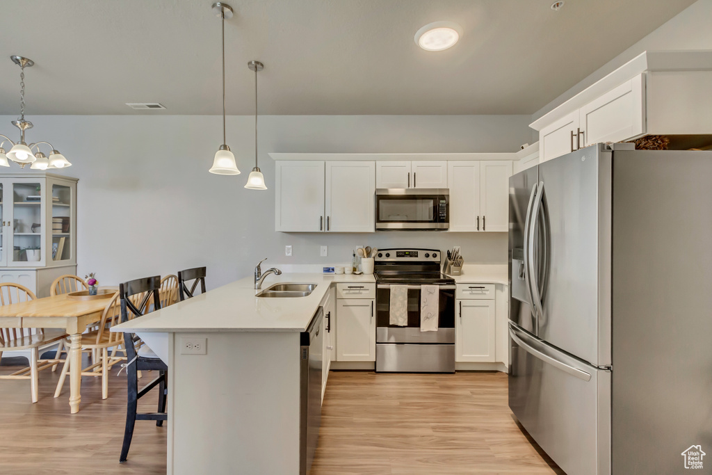 Kitchen with appliances with stainless steel finishes, a peninsula, a sink, a kitchen bar, and light wood-style flooring
