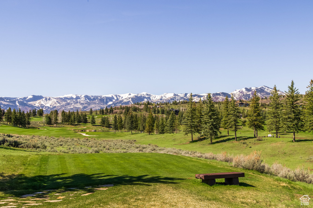 Surrounding community with a mountain view and a yard