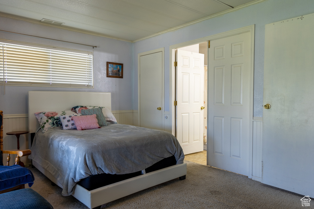 Bedroom featuring carpet, a wainscoted wall, and ornamental molding