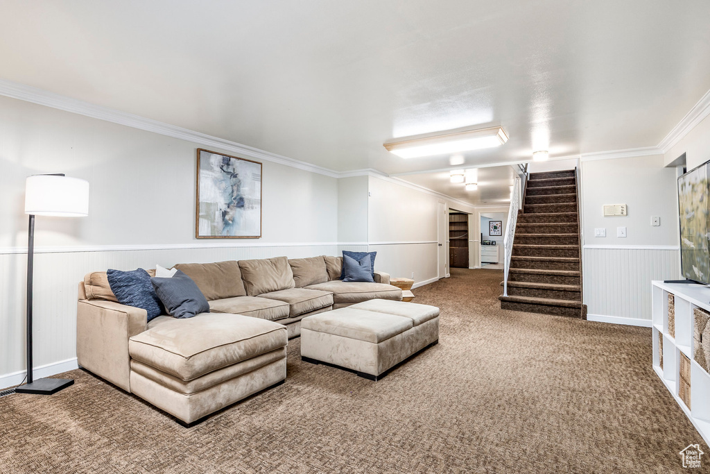 Carpeted living area featuring crown molding, stairs, and a wainscoted wall