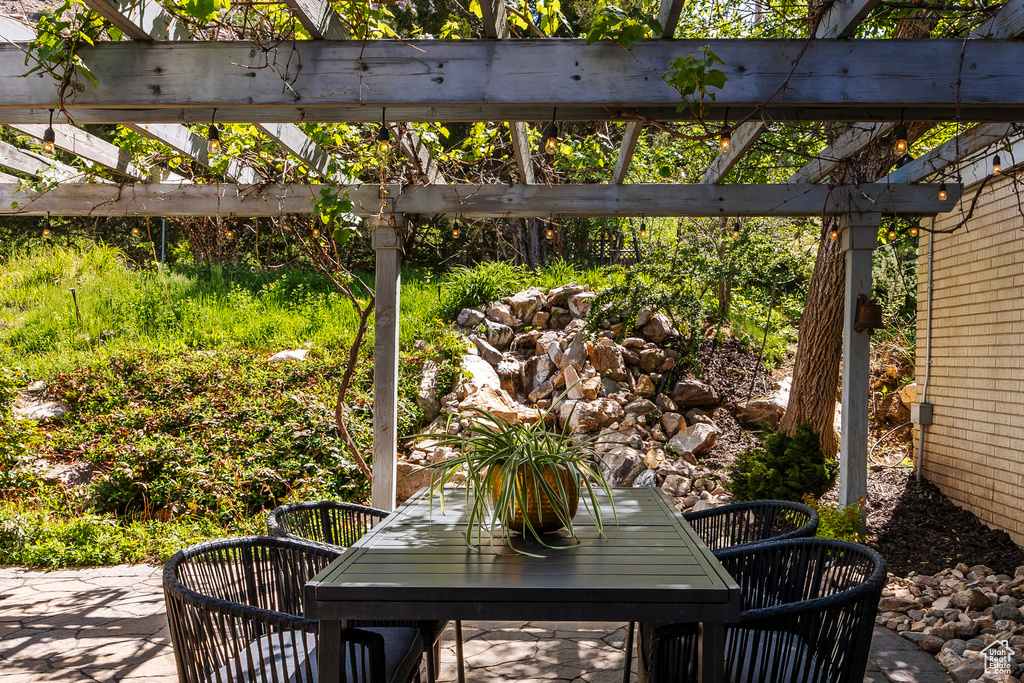 View of patio featuring outdoor dining space and a pergola