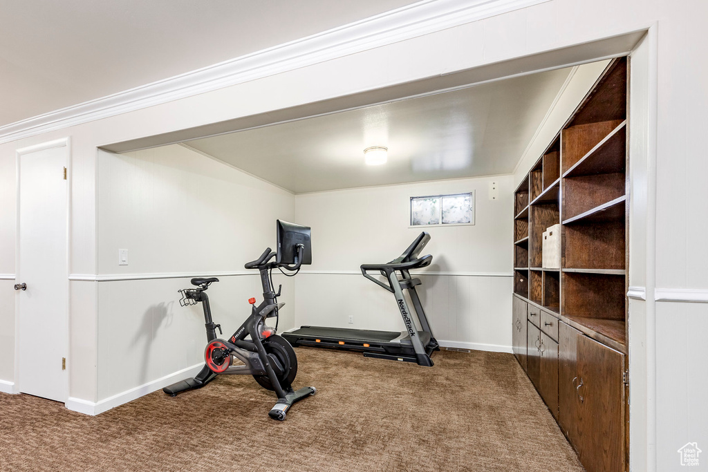 Workout area featuring carpet floors, baseboards, and crown molding
