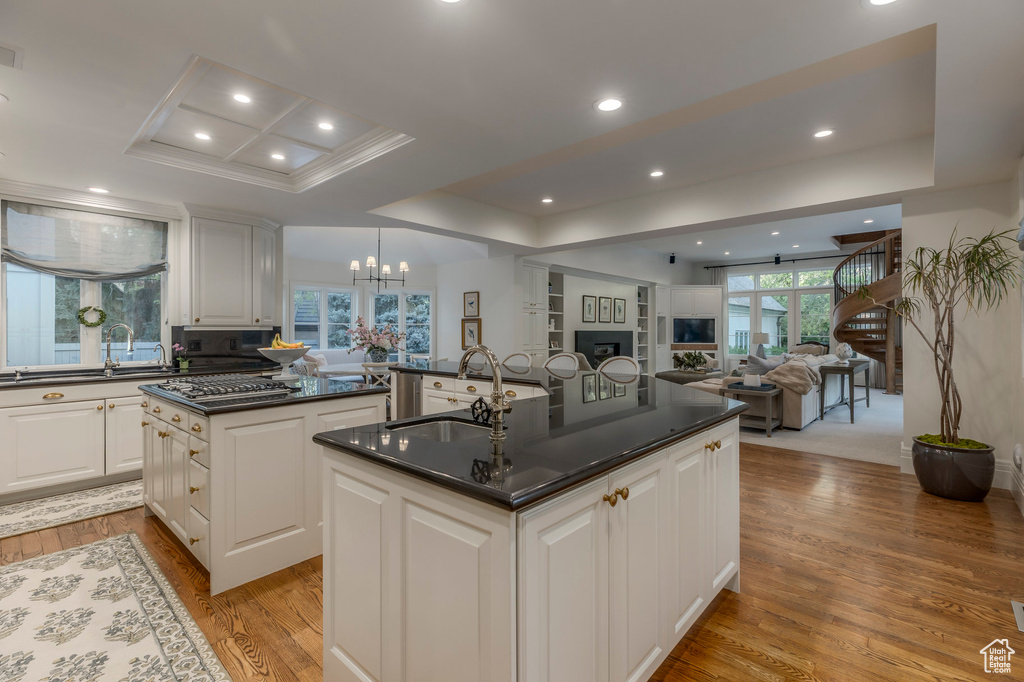 Kitchen featuring an island with sink, dark countertops, a sink, a tray ceiling, and recessed lighting