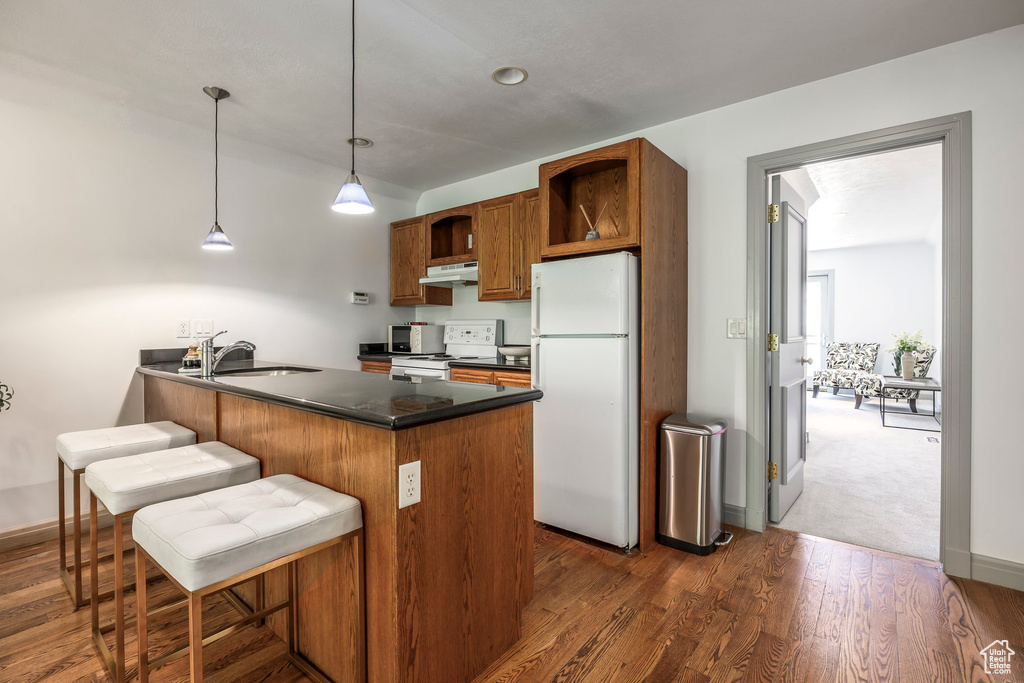 Kitchen with freestanding refrigerator, range with electric stovetop, under cabinet range hood, a sink, and a peninsula