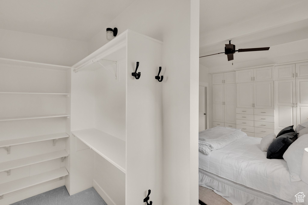 Spacious closet with carpet flooring and ceiling fan