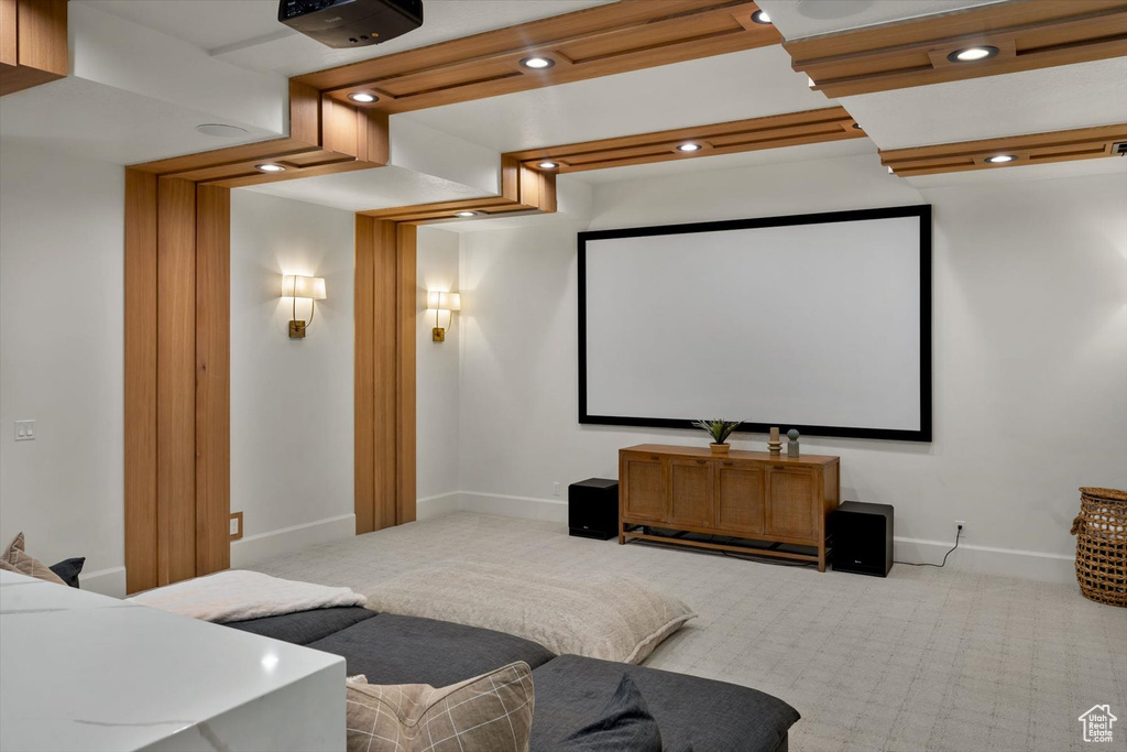 Home theater with carpet, baseboards, and recessed lighting