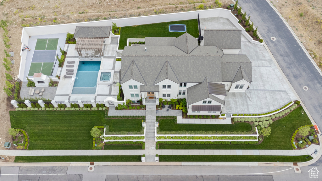 Drone / aerial view of a pool area