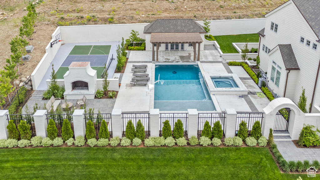 Drone / aerial view of a pool