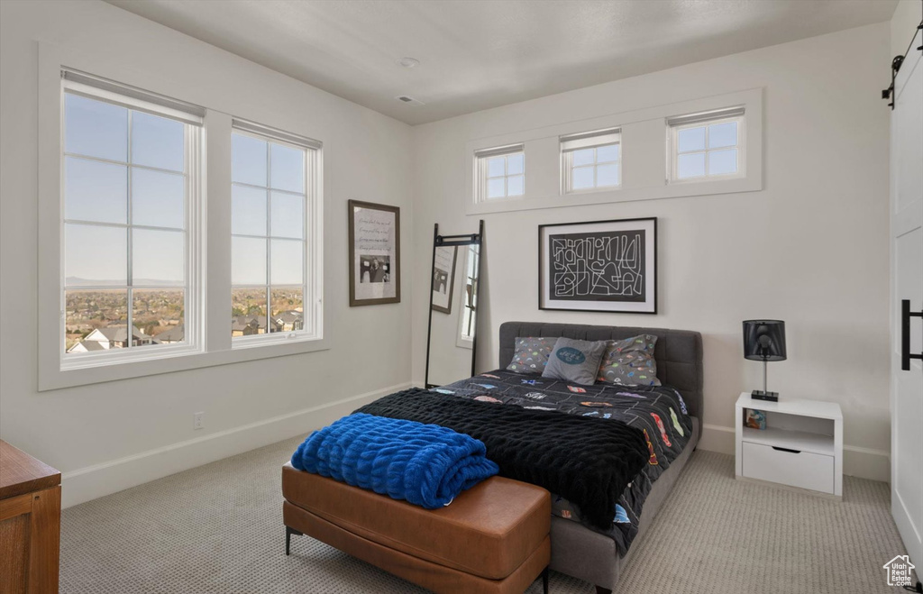 Bedroom with carpet flooring, baseboards, and a barn door