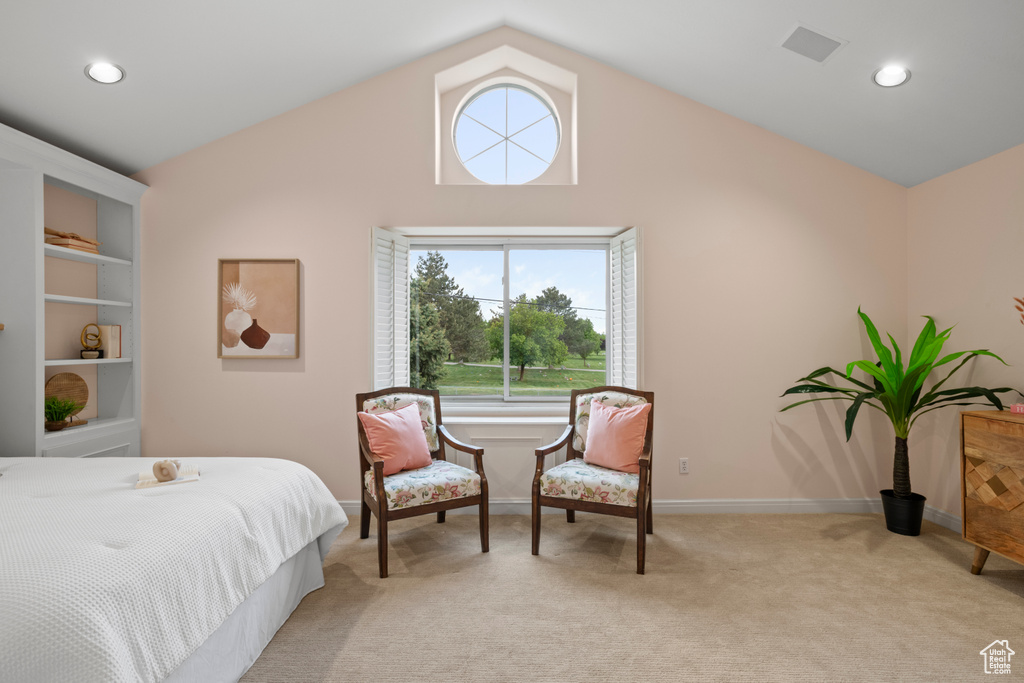 Bedroom featuring vaulted ceiling, light carpet, baseboards, and recessed lighting