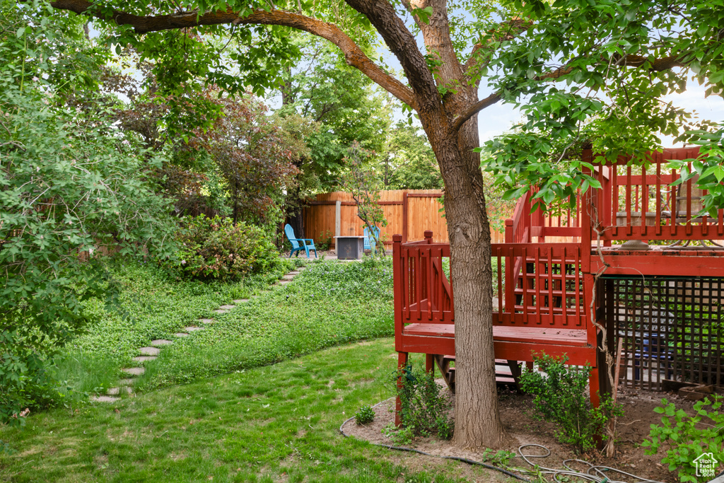 View of yard featuring fence and a deck