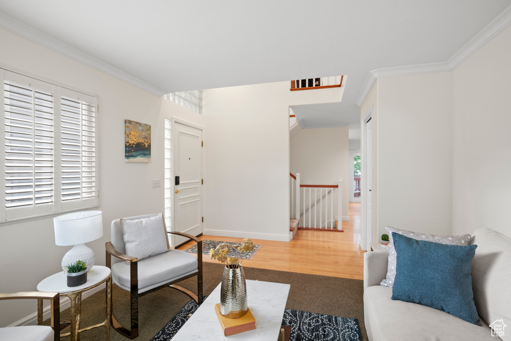 Living room with crown molding, wood finished floors, and baseboards