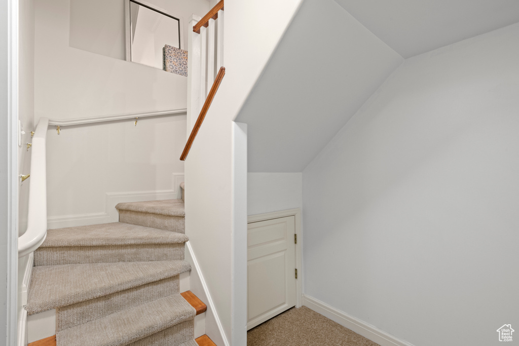 Stairway featuring carpet floors and baseboards