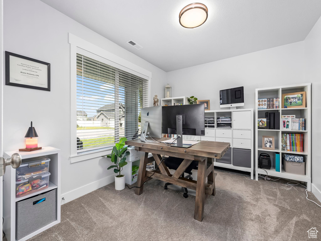 Carpeted home office with baseboards
